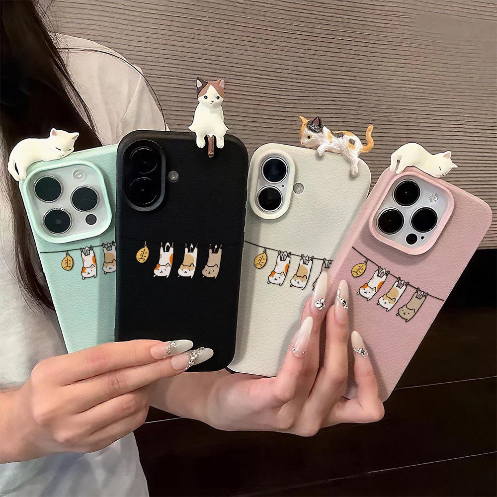 Phone Cases Cat - 3D Cute Cartoon Cat Leather Case